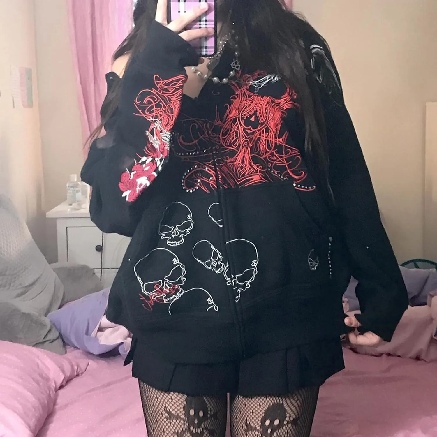 Yuemengxuan Womens Y2K Zipper Hoodie Long Sleeve Sweatshirt Harajuku Punk Grunge Tops Oversized Vintage Streetwear