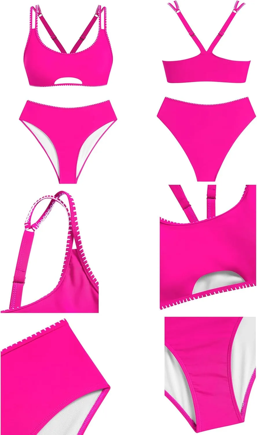 ZAFUL High Waisted Bikini Sets for Women Tummy Control Swimsuits Cut Out Bikini Tops Full Coverage Bottoms Bathing Suit
