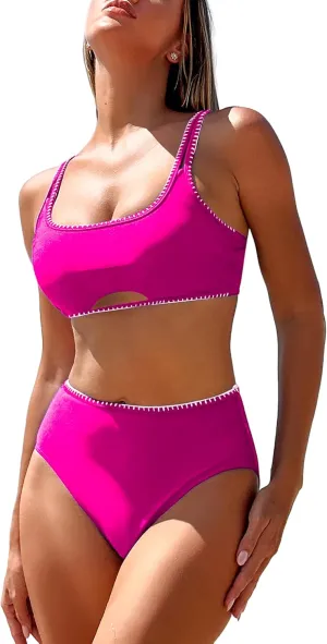 ZAFUL High Waisted Bikini Sets for Women Tummy Control Swimsuits Cut Out Bikini Tops Full Coverage Bottoms Bathing Suit