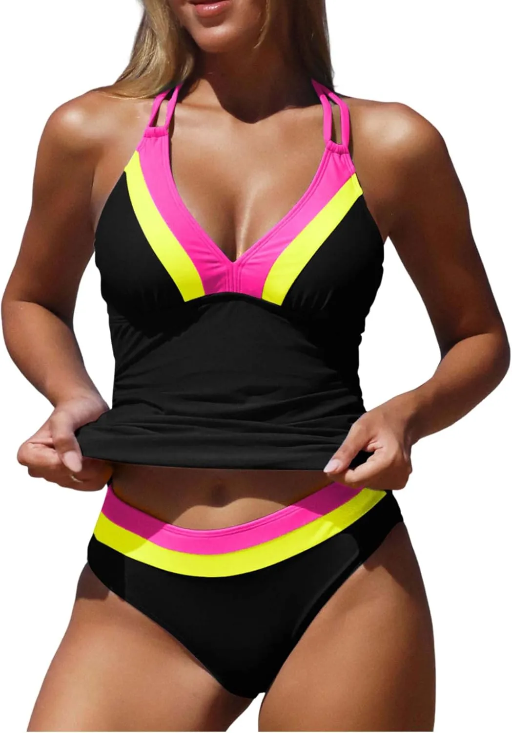 ZAFUL Tankini Swimsuits for Women Tummy Control Halter Neck Mid Waist Ruched Color Block Two Piece Bathing Suits Swimwear