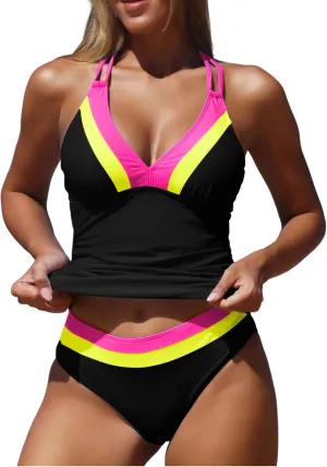ZAFUL Tankini Swimsuits for Women Tummy Control Halter Neck Mid Waist Ruched Color Block Two Piece Bathing Suits Swimwear