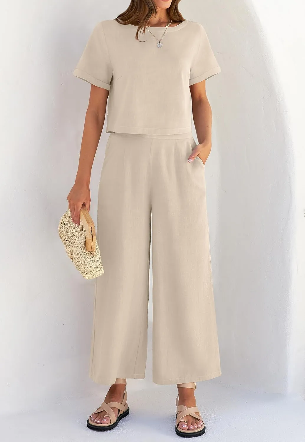 ZESICA Women's 2 Piece Outfits Linen Short Sleeve Crop Top and Wide Leg Pants Lounge Matching Set Tracksuits Trendy Clothes