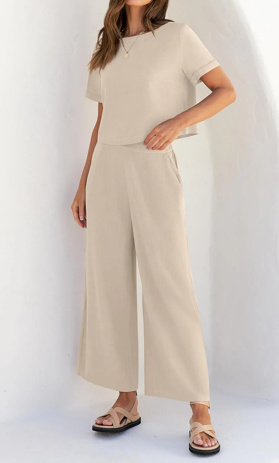 ZESICA Women's 2 Piece Outfits Linen Short Sleeve Crop Top and Wide Leg Pants Lounge Matching Set Tracksuits Trendy Clothes
