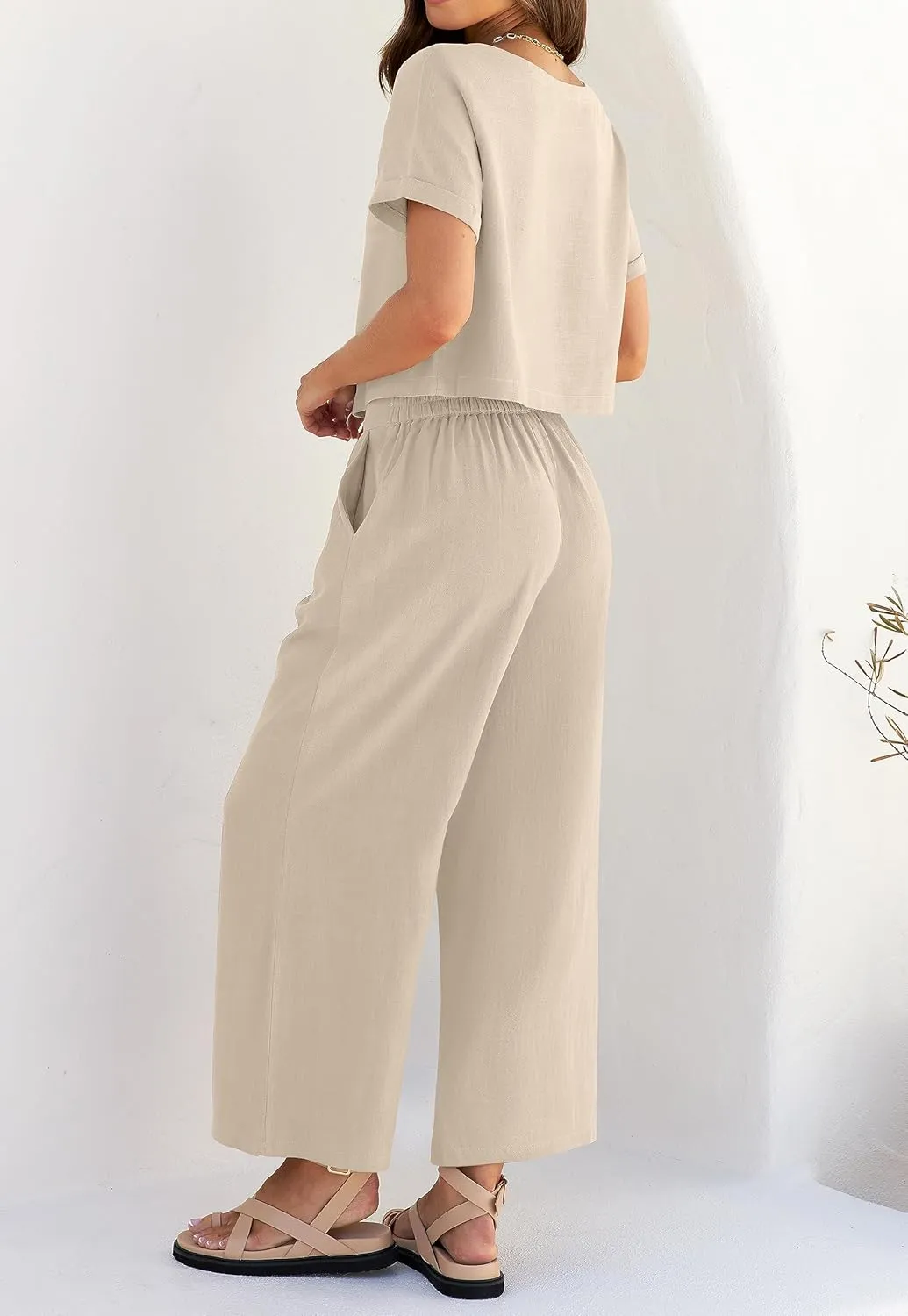 ZESICA Women's 2 Piece Outfits Linen Short Sleeve Crop Top and Wide Leg Pants Lounge Matching Set Tracksuits Trendy Clothes