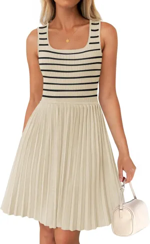 ZESICA Women's Summer Sleeveless Mini Dress 2025 Square Neck Striped Knit A Line Pleated Tank Dresses