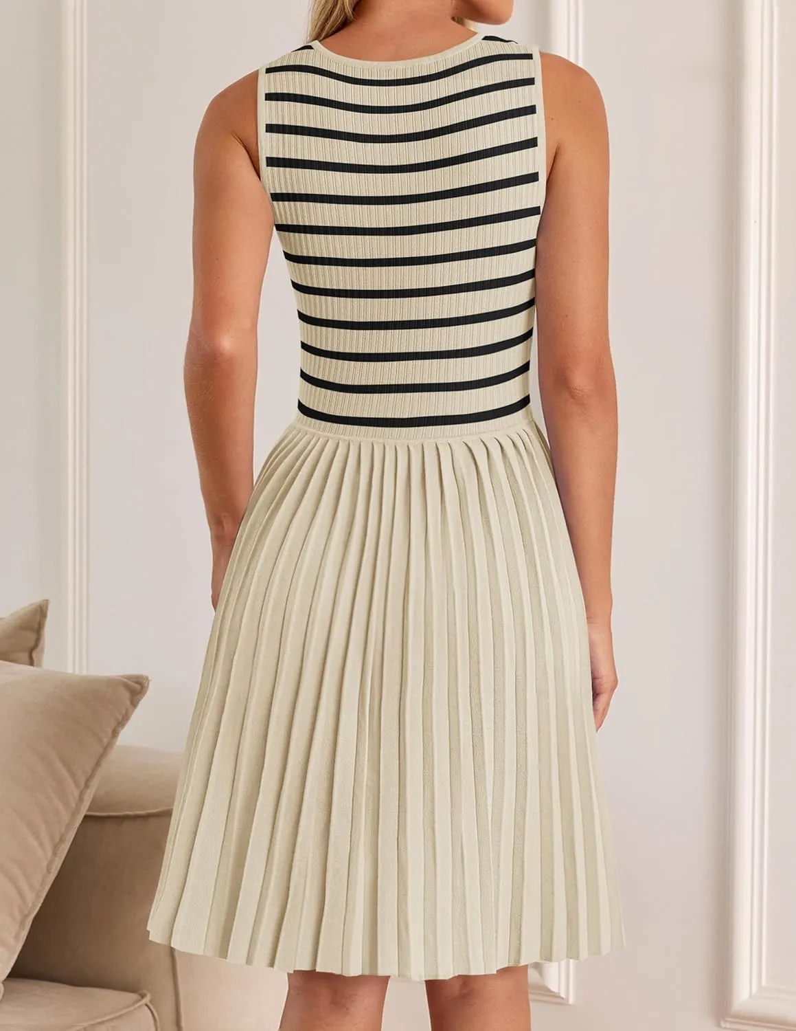 ZESICA Women's Summer Sleeveless Mini Dress 2025 Square Neck Striped Knit A Line Pleated Tank Dresses