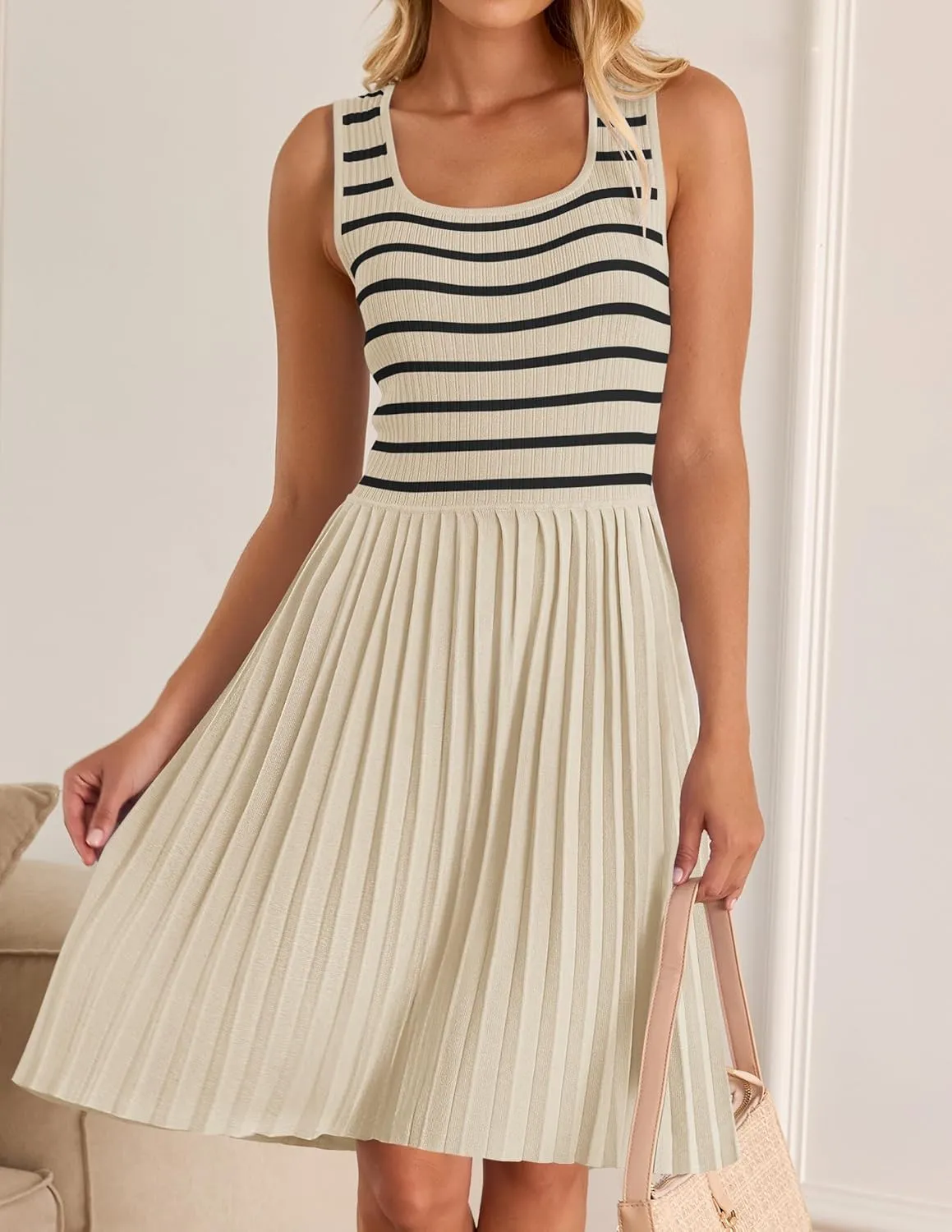 ZESICA Women's Summer Sleeveless Mini Dress 2025 Square Neck Striped Knit A Line Pleated Tank Dresses