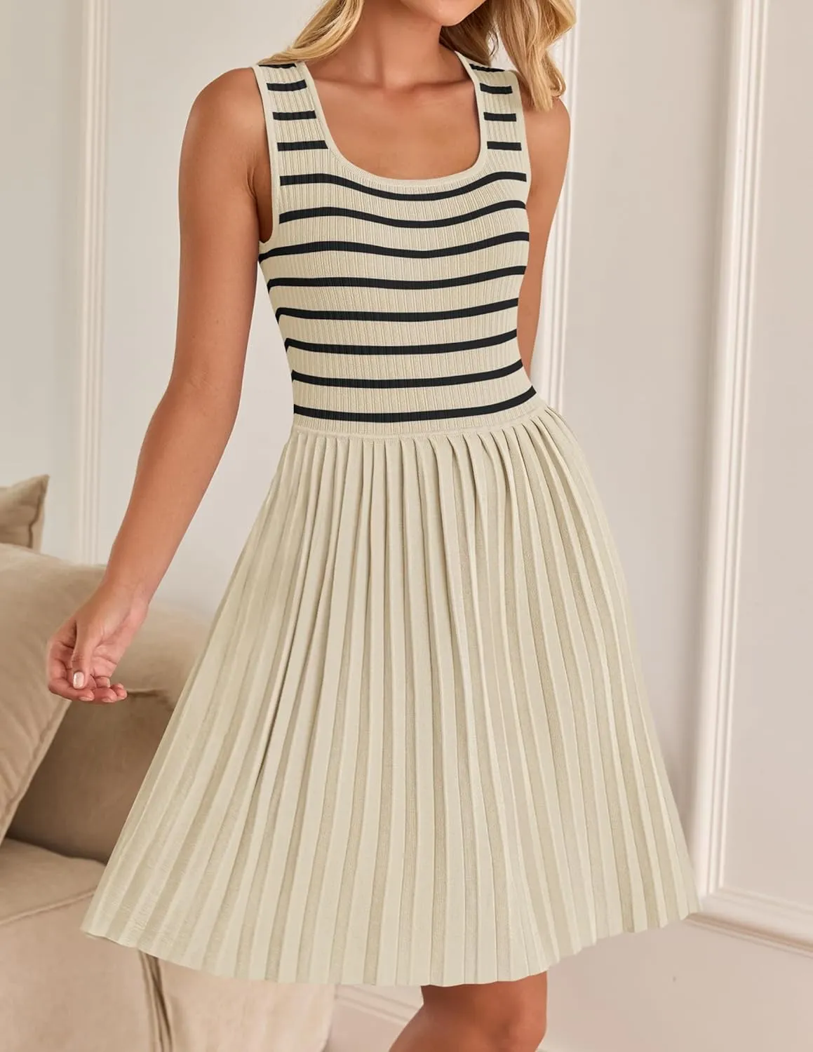 ZESICA Women's Summer Sleeveless Mini Dress 2025 Square Neck Striped Knit A Line Pleated Tank Dresses