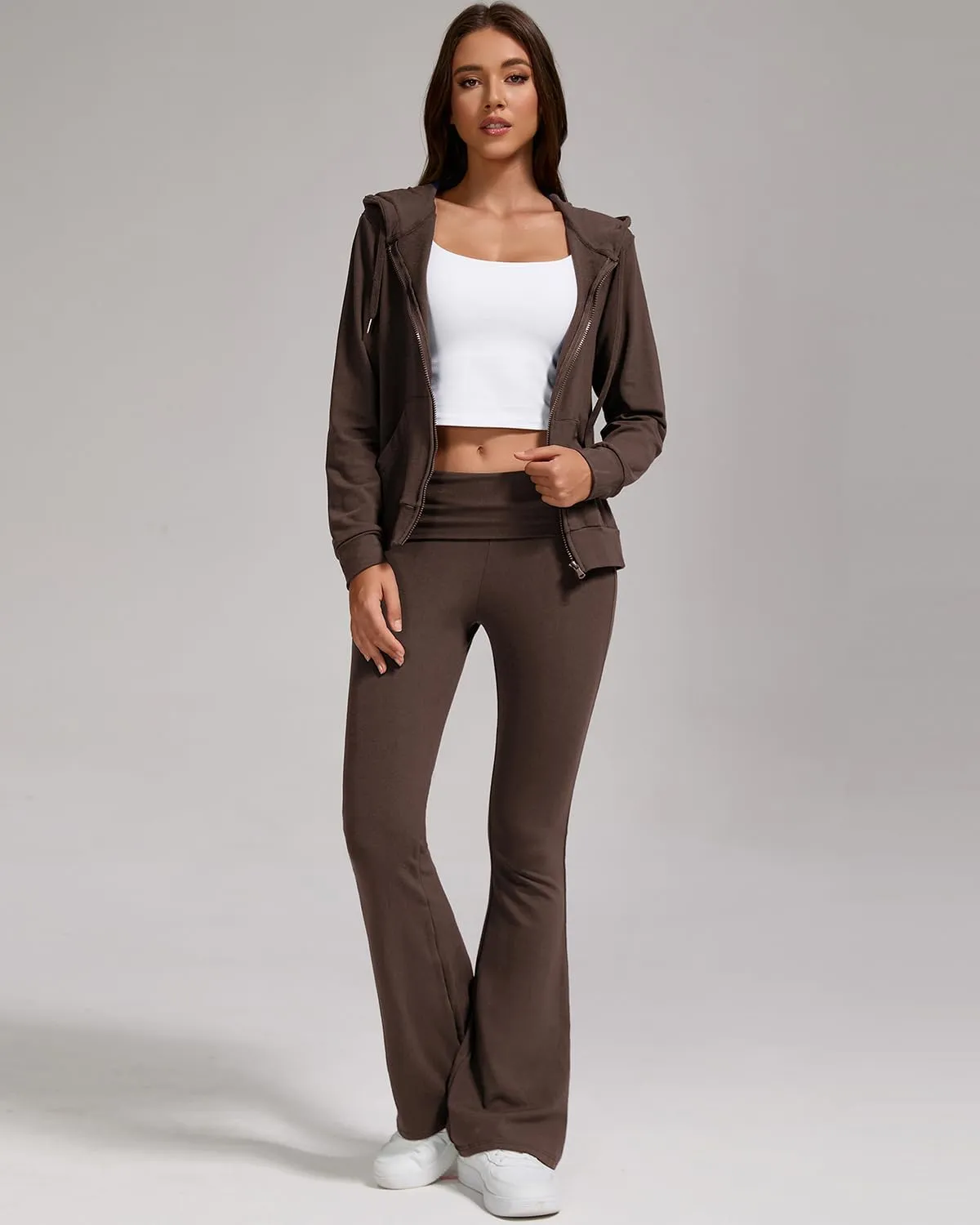 ZFLM Casual Workout Two Piece Outfits for Women Zip Up Hoodies High Waist Foldover Flare Pants Tracksuit Sets Streetwear