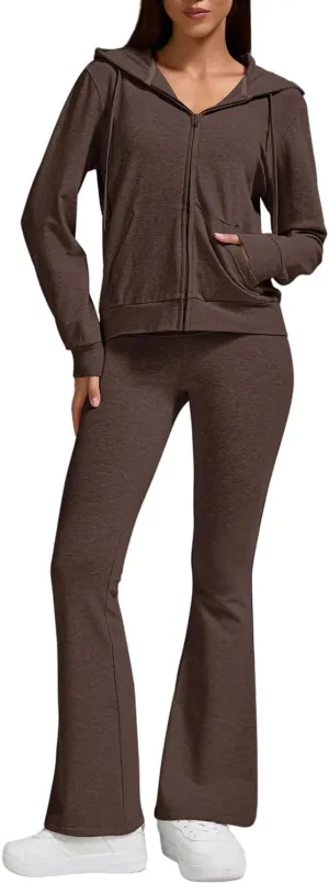 ZFLM Casual Workout Two Piece Outfits for Women Zip Up Hoodies High Waist Foldover Flare Pants Tracksuit Sets Streetwear