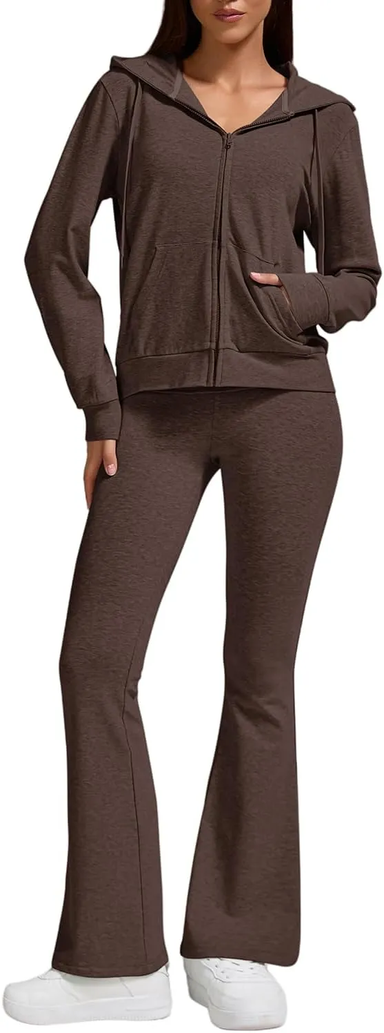 ZFLM Casual Workout Two Piece Outfits for Women Zip Up Hoodies High Waist Foldover Flare Pants Tracksuit Sets Streetwear