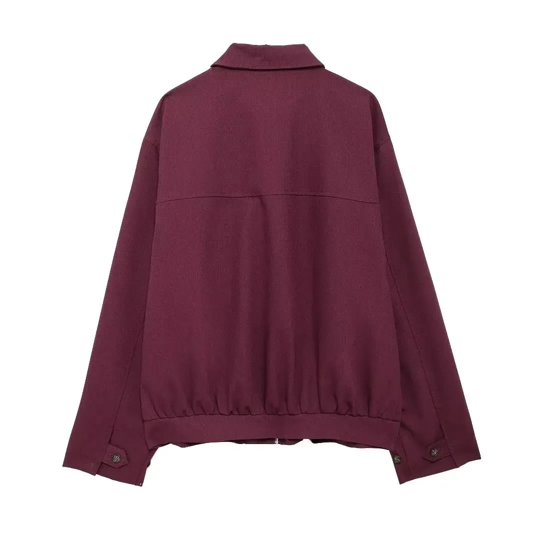 Zipper Lapel Burgundy Color Jacket and Skirt Suit