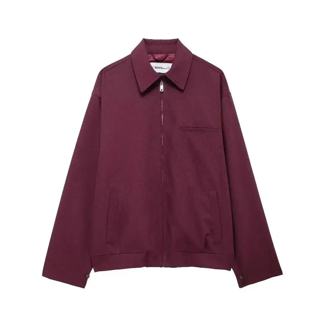 Zipper Lapel Burgundy Color Jacket and Skirt Suit