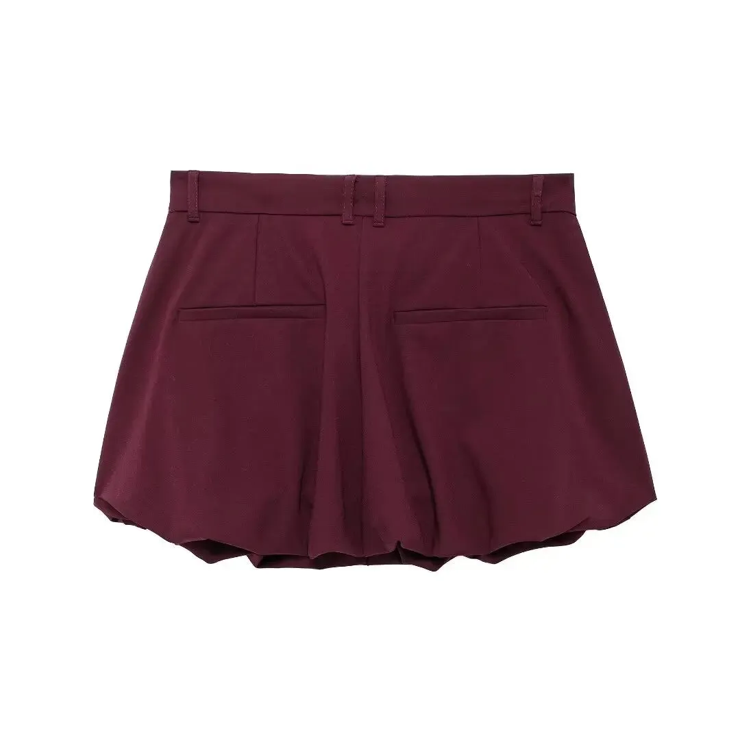 Zipper Lapel Burgundy Color Jacket and Skirt Suit